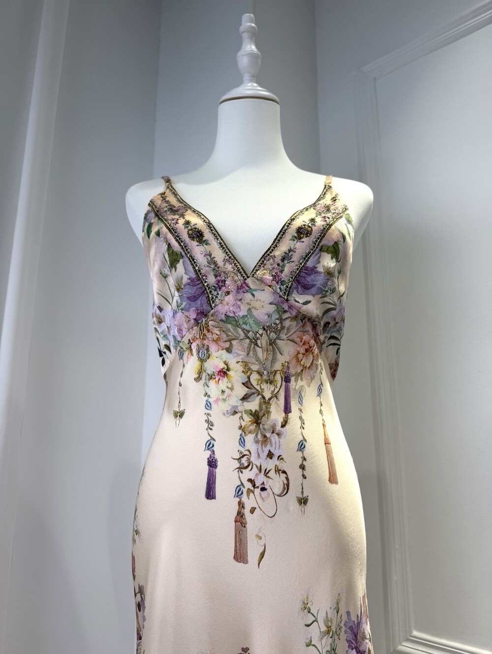 Camilla v neck full length bias slip dress In Adorned in aranjuez - Picture 7 of 13